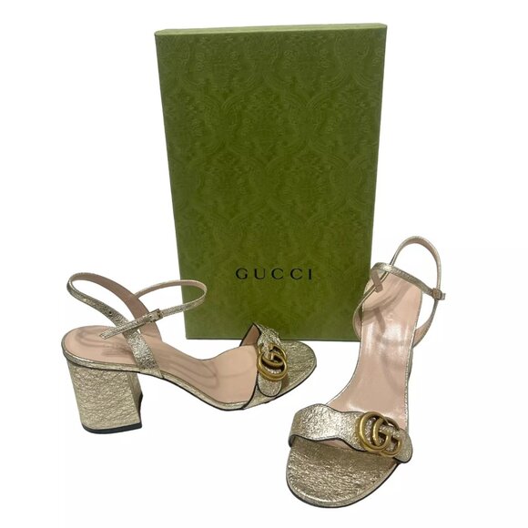 $850 Gucci Gold Marmont Metallic Lambskin Platino Sandals Heels sz 39/9B Heels - Picture 1 of 16
